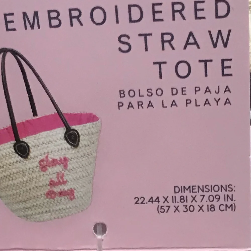 NWT Serra Embroidered Straw Tote Bag,Pink or Black - Picture 10 of 13